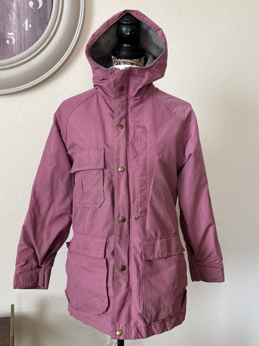 Vintage Lands' End women’s jacket plaid wool lined hood dusty pink made in USA